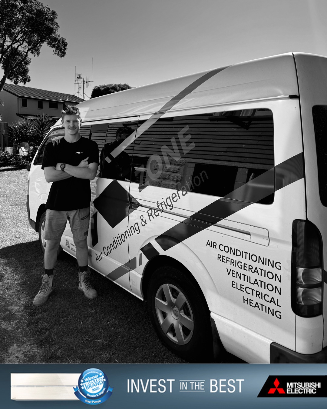Elliot beside the ZONE Air Conditioning & Refrigeration service van