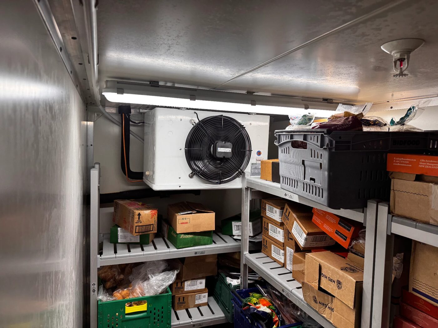 Commercial cool room evaporator installed above stocked shelving