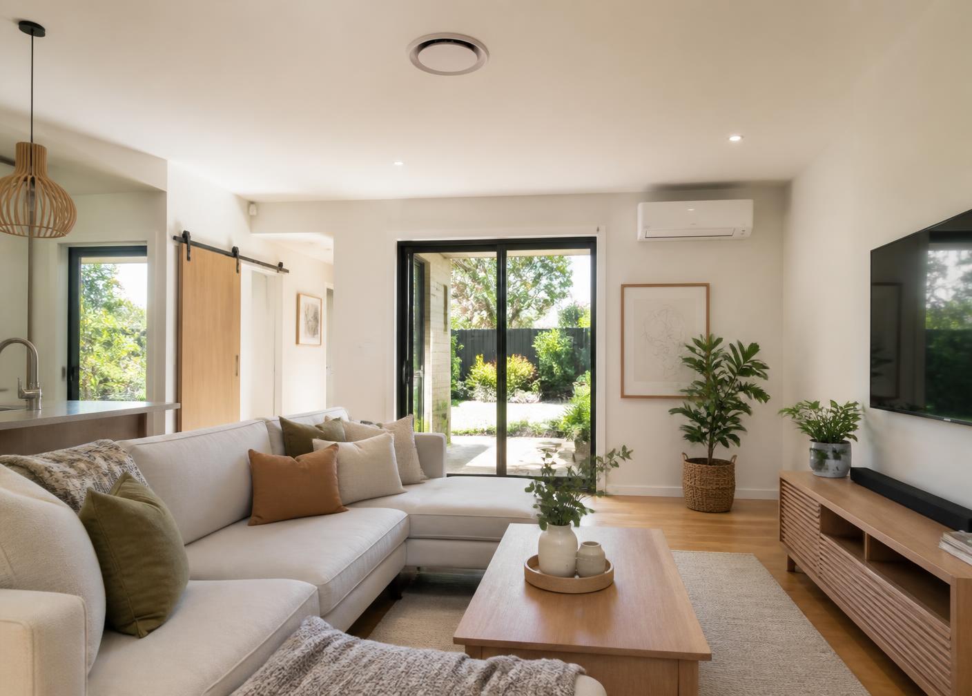 Warm modern living room with a wall-mounted heat pump