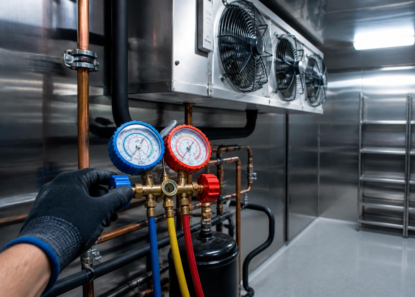 Technician servicing a commercial cool room refrigeration system